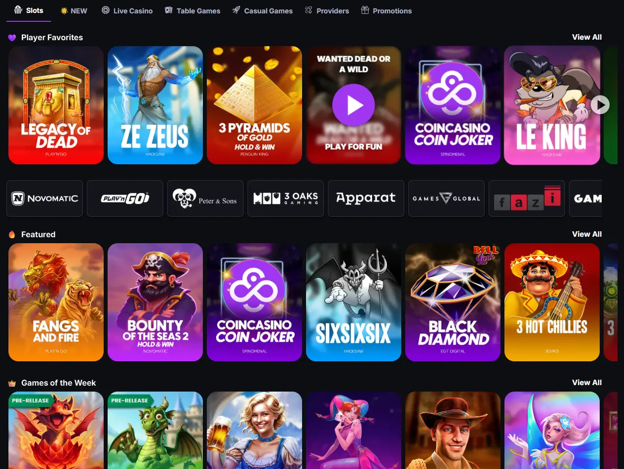 स्लॉट लॉबी में CoinCasino पर स्लॉट गेम ब्राउज़ करें