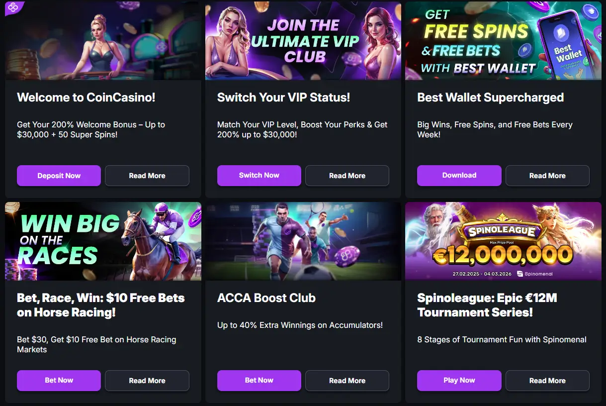 CoinCasino प्रचार देखें: स्वागत बोनस, VIP स्थिति, फ्री स्पिन